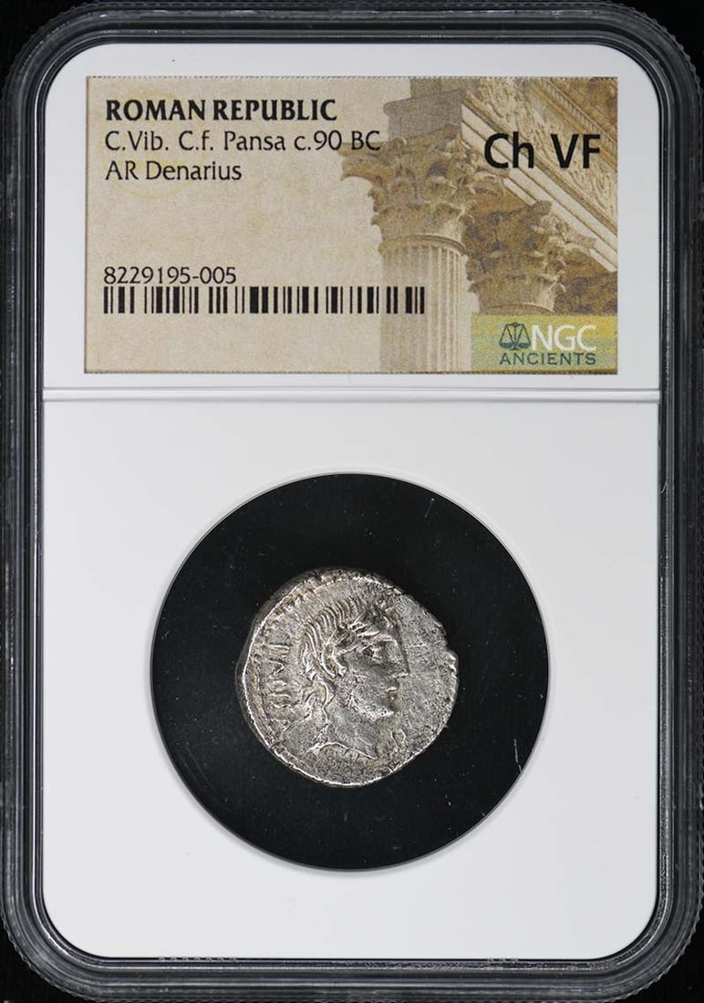 Roman Republic AR Denarius C Vib Pansa NGC Ch VF: Roman Republic AR Denarius C Vib Pansa NGC Ch VF This is a Roman Republic AR Denarius issued by C. Vib. C.f. Pansa around 90 BC. The coin has been certified and graded Choice Very Fine (Ch VF) by NGC.