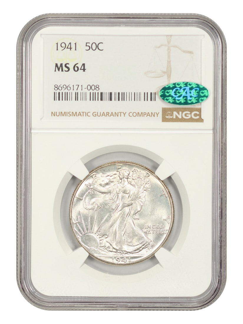 NGC CAC MS64 1941 Walking Liberty 50C Half Dollar: NGC CAC MS64 1941 Walking Liberty 50C Half Dollar 1941 Walking Liberty Half Dollar certified by NGC and designated CAC. This uncirculated coin is a 50C issue from the Philadelphia Mint and is graded M