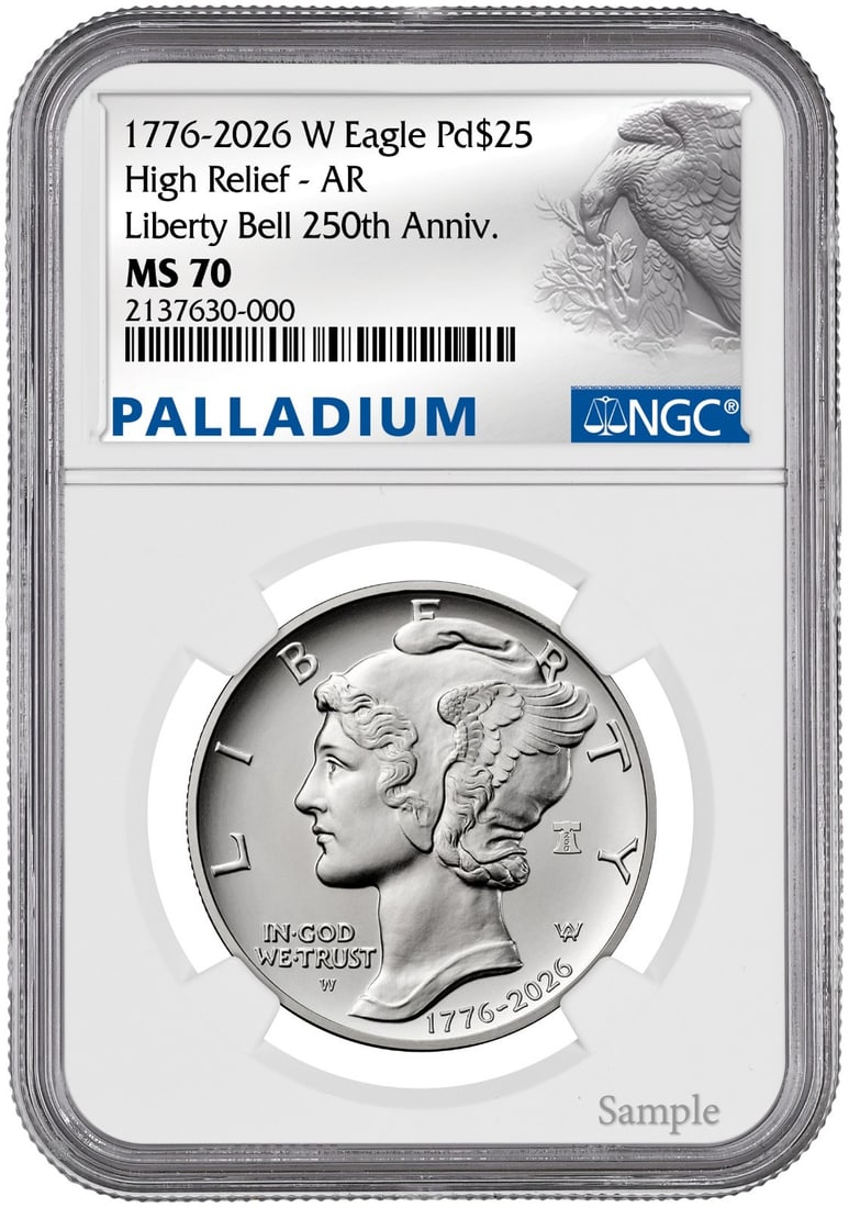 2026-W NGC MS70 Palladium Eagle $25 High Relief Bell Privy 1 oz Coin: 2026-W NGC MS70 Palladium Eagle $25 High Relief Bell Privy 1 oz Coin 2026-W High Relief Palladium Eagle coin struck by the U.S. Mint and certified by NGC. This pre-owned 1 oz palladium coin has a 0.99