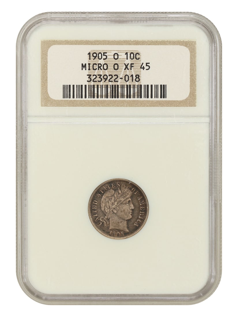 NGC XF45 1905 O Barber Dime Micro O Variety 10C: NGC XF45 1905 O Barber Dime Micro O Variety 10C 1905-O Barber dime certified by NGC as XF45. This circulated example is the Micro O variety, an underrated and scarce issue. The 1905-O Micro-O dime is 