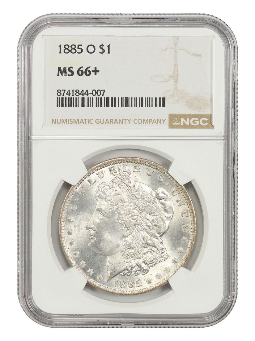 NGC MS66+ 1885-O Morgan Silver Dollar $1 New Orleans Mint: NGC MS66+ 1885-O Morgan Silver Dollar $1 New Orleans Mint 1885-O Morgan Dollar certified by NGC in MS66+ grade. This uncirculated New Orleans issue had a mintage of 9,185,000 pieces and is described a
