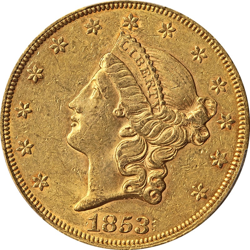 PCGS AU53 1853-P Liberty Head $20 Gold Coin: PCGS AU53 1853-P Liberty Head $20 Gold Coin Original 1853-P Liberty Gold $20 coin graded PCGS AU53. This circulated pre-owned example is noted for nice eye appeal, nice luster, nice strike, along with