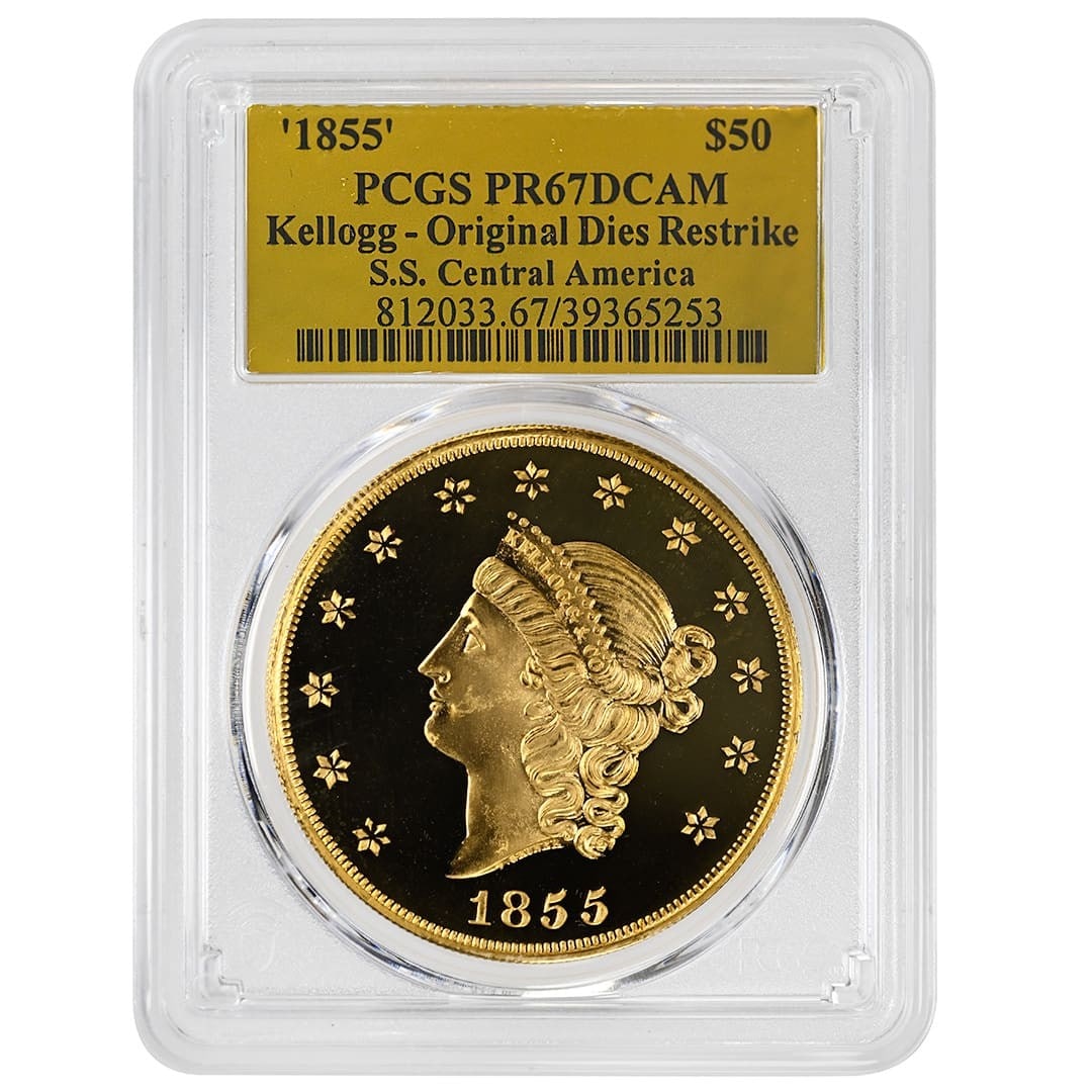 PCGS PR67 DCAM 1855 Kellogg $50 Gold Restrike in Commemorative Frame (1 of 4)