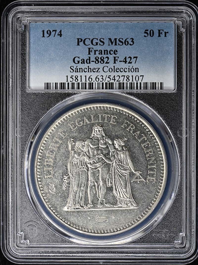 France 1974 50 Francs Hercule Coin PCGS MS63 KM-941.1: France 1974 50 Francs Hercule Coin PCGS MS63 KM-941.1 1974 France 50 Francs Hercule coin certified by PCGS and graded MS63. This pre-owned coin is uncirculated. Specifications Item Type: Coin Country 