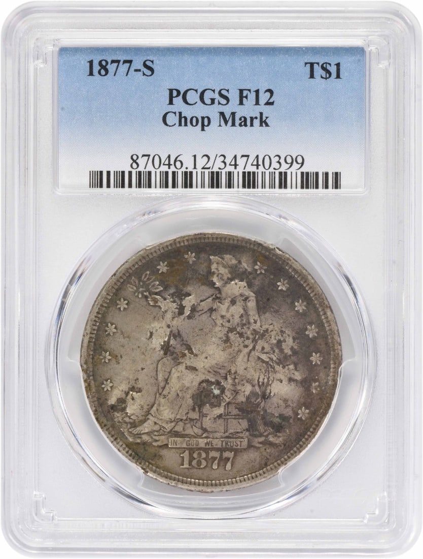 PCGS F12 1877-S US Trade Dollar Chop Mark Silver Coin: PCGS F12 1877-S US Trade Dollar Chop Mark Silver Coin 1877-S Trade Silver Dollar certified by PCGS with a chop mark and circulated condition. This pre-owned coin is graded F12 and features the Trade D