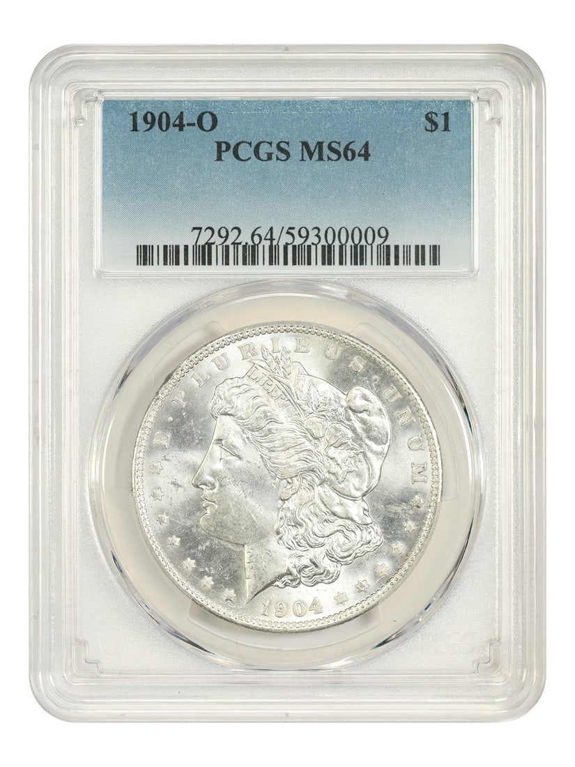 PCGS MS64 1904 O Morgan Silver Dollar $1: PCGS MS64 1904 O Morgan Silver Dollar $1 1904-O Morgan Dollar certified by PCGS in MS64 grade. This uncirculated, pre-owned coin was struck at the New Orleans Mint and is presented as a certified exam