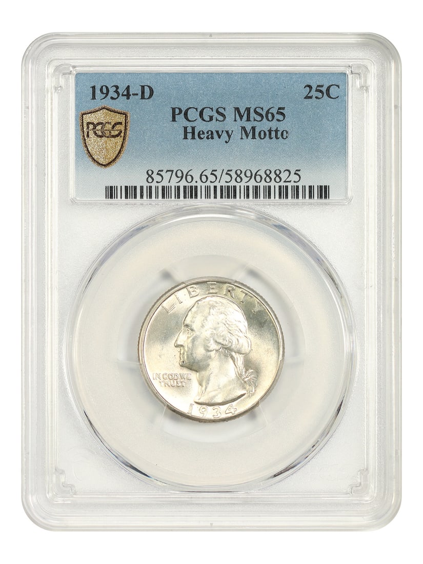 PCGS MS65 1934-D Washington Quarter 25C Heavy Motto Key Date: PCGS MS65 1934-D Washington Quarter 25C Heavy Motto Key Date Key date 1934-D Washington Quarter certified by PCGS in MS65. This uncirculated example is identified as the Heavy Motto variety and is off
