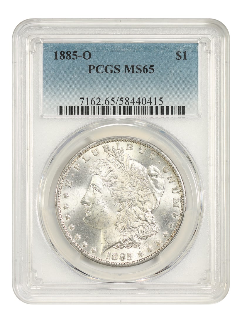 PCGS MS65 1885 O Mint $1 Morgan Silver Dollar: PCGS MS65 1885 O Mint $1 Morgan Silver Dollar 1885-O Morgan Dollar certified by PCGS in MS65 grade. This uncirculated New Orleans issue is a readily available Morgan silver dollar with a mintage of 9,