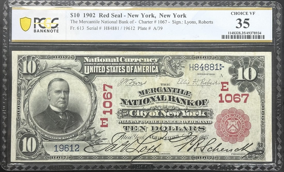 1902 $10 Mercantile National Bank Note Fr. 613 PCGS VF35: 1902 $10 Mercantile National Bank Note Fr. 613 PCGS VF35 This 1902 $10 banknote from the Mercantile National Bank of New York (Fr. 613) is a remarkable collectible piece. Graded by PCGS at VF35, this 