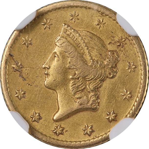 NGC AU Details 1849 O Liberty Head Gold Dollar Open Wreath Type 1: NGC AU Details 1849 O Liberty Head Gold Dollar Open Wreath Type 1 1849-O Type 1 Liberty Gold $1 'Open Wreath' certified by NGC and graded AU Details. This circulated United States gold coin is noted f