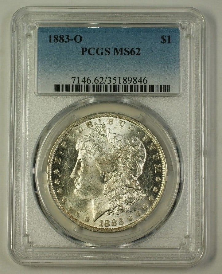 PCGS MS62 1883 O Morgan Dollar Silver $1 New Orleans: PCGS MS62 1883 O Morgan Dollar Silver $1 New Orleans 1883-O Morgan Silver Dollar coin graded MS-62 by PCGS. This uncirculated $1 coin is composed of silver and was minted in New Orleans, United States