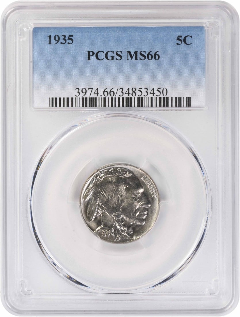 PCGS MS66 1935 United States Buffalo 5C Nickel: PCGS MS66 1935 United States Buffalo 5C Nickel 1935 Buffalo nickel certified by PCGS and graded MS66. This uncirculated United States 5-cent coin is a pre-owned example of the classic Buffalo series. 