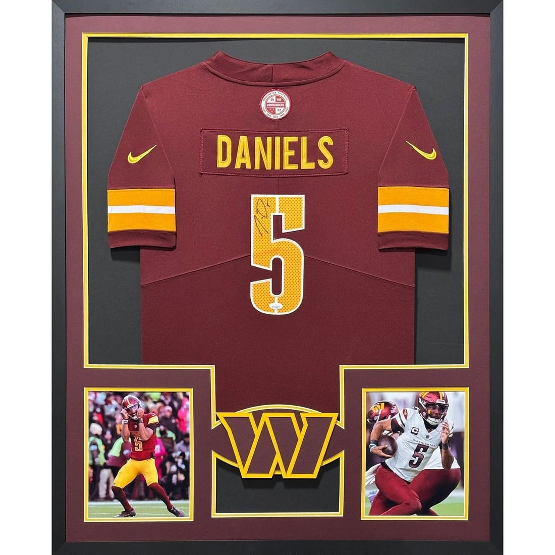 Washington Commanders Jayden Daniels Signed Framed Jersey JSA Authenticated: Washington Commanders Jayden Daniels Signed Framed Jersey JSA Authenticated Autographed Jayden Daniels framed Washington Commanders jersey with JSA authentication. This pre-owned display piece feature
