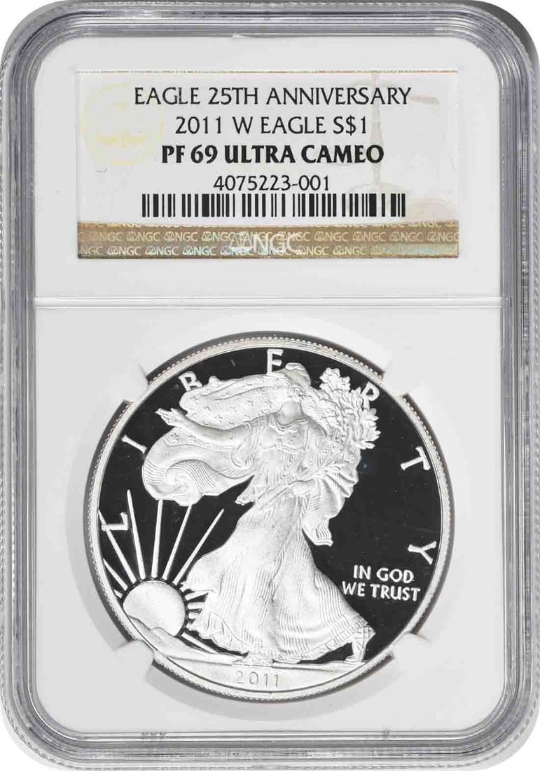 NGC PF69UCAM 2011-W American Silver Eagle 1 Dollar Proof Coin: NGC PF69UCAM 2011-W American Silver Eagle 1 Dollar Proof Coin 2011-W American Silver Eagle proof coin certified by NGC with a PR69 grade. It contains 1 oz of precious metal content and is struck in 0.
