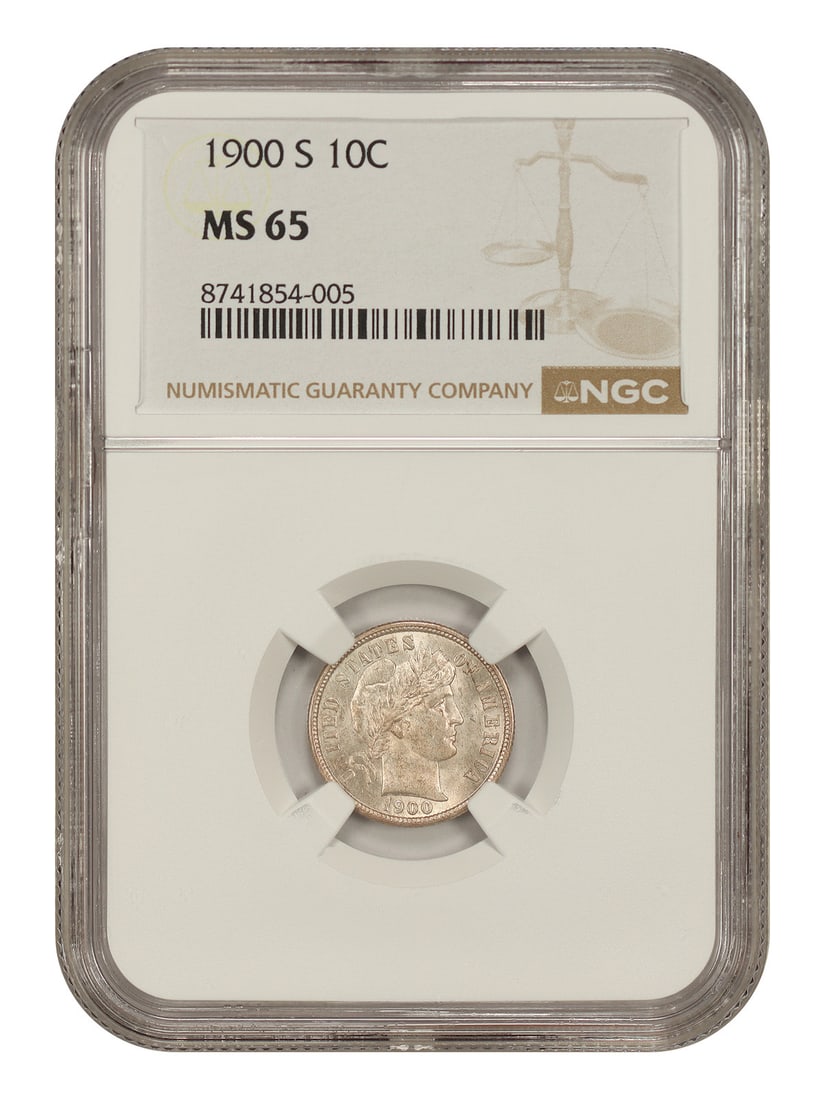 NGC MS65 1900-S Barber Dime 10C Uncirculated: NGC MS65 1900-S Barber Dime 10C Uncirculated 1900-S Barber Dime certified by NGC in MS65 condition. David Lawrence referred to this issue as a Philippines Hoard date, noting that most 1898-S, 1899-S, 