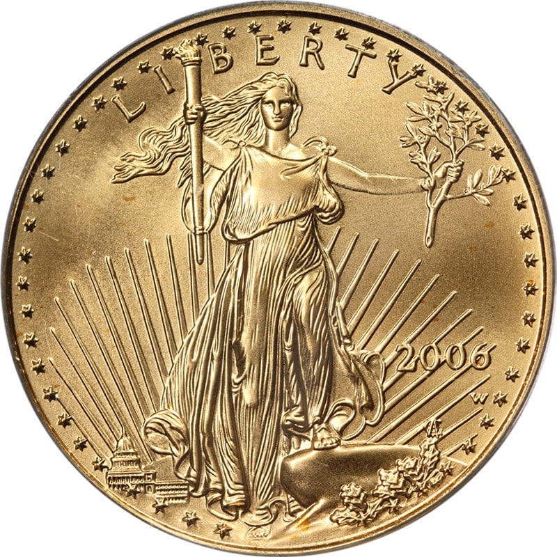 PCGS MS69 2006-W $25 Gold Eagle Burnished Uncirculated Coin: PCGS MS69 2006-W $25 Gold Eagle Burnished Uncirculated Coin This 2006-W Gold American Eagle $25 coin is certified uncirculated by PCGS with a grade of MS69. The coin features a burnished finish and wa