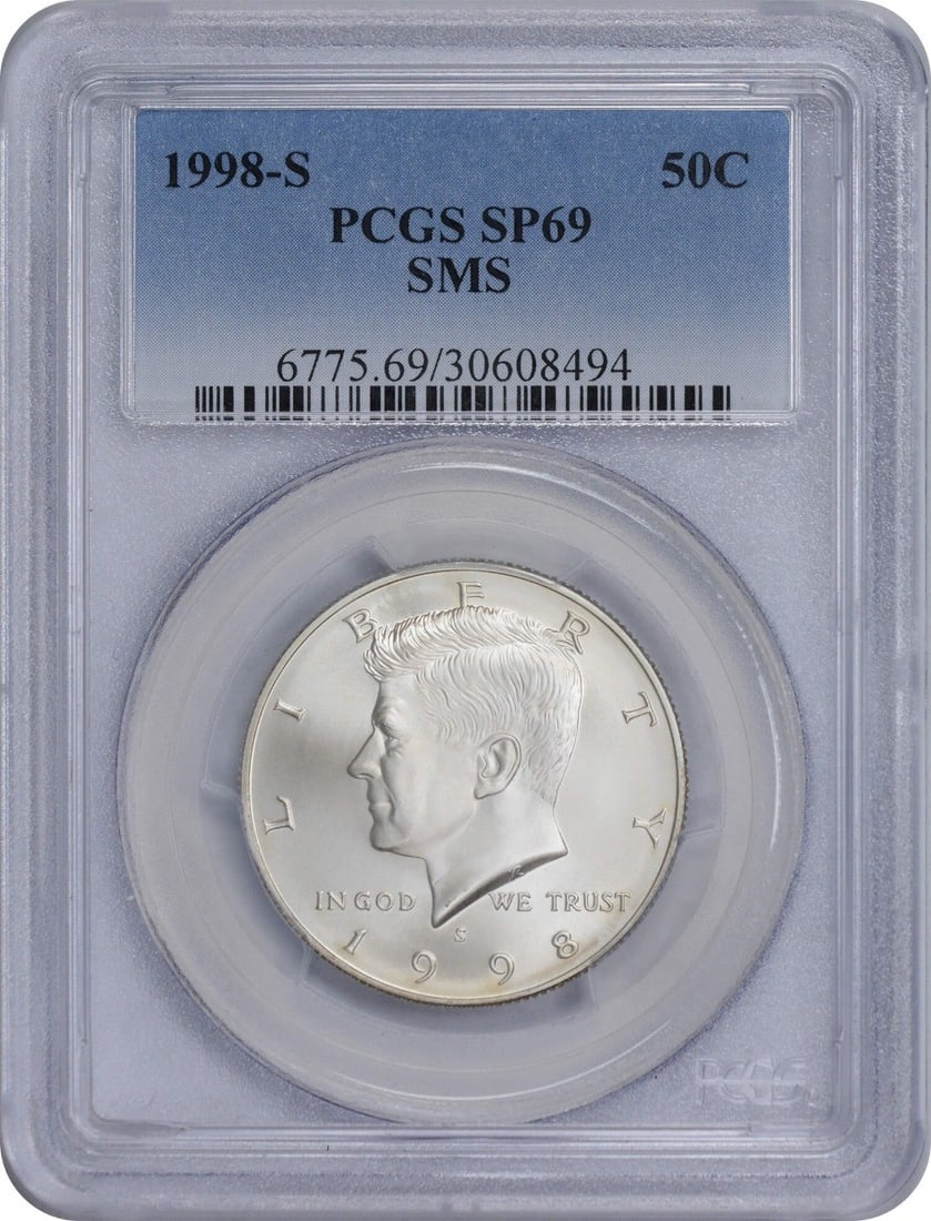 1998-S Kennedy Half Dollar SP69 PCGS Special Strike 90% Silver Uncirculated: 1998-S Kennedy Half Dollar SP69 PCGS Special Strike 90% Silver Uncirculated This 1998-S Kennedy Half Dollar is graded SP69 by PCGS, indicating it is in Special Mint State condition. Struck in San Fran