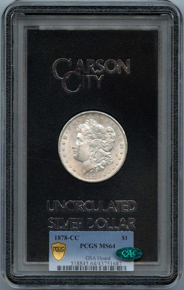 GSA Hoard 1878 Carson City Morgan Silver Dollar PCGS MS64 CAC: GSA Hoard 1878 Carson City Morgan Silver Dollar PCGS MS64 CAC This is an 1878-CC Morgan Dollar from the GSA Hoard, graded MS64 by PCGS and verified by CAC. Minted in Carson City, this uncirculated sil
