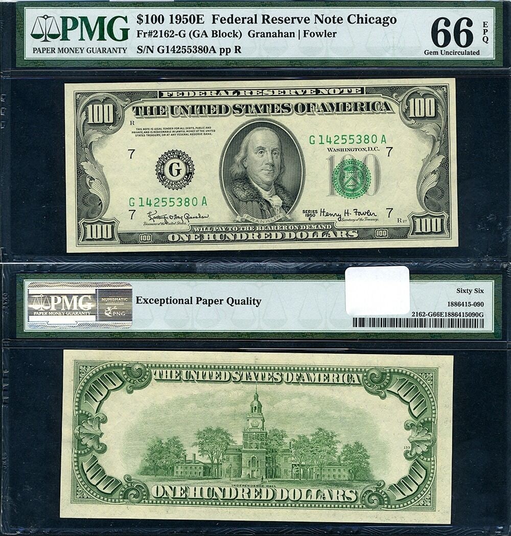 PMG Gem CU66 EPQ 1950-E $100 FR 2162 G Chicago G-A Block Note (1 of 3)