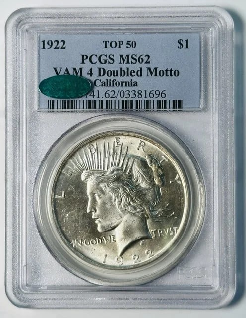 1922 Philadelphia Peace Dollar VAM 4 Doubled Motto PCGS MS62 CAC: 1922 Philadelphia Peace Dollar VAM 4 Doubled Motto PCGS MS62 CAC 1922 Peace Dollar certified by PCGS as MS-62 and approved by CAC. This silver dollar is the VAM 4 Doubled Motto variety, also noted as 