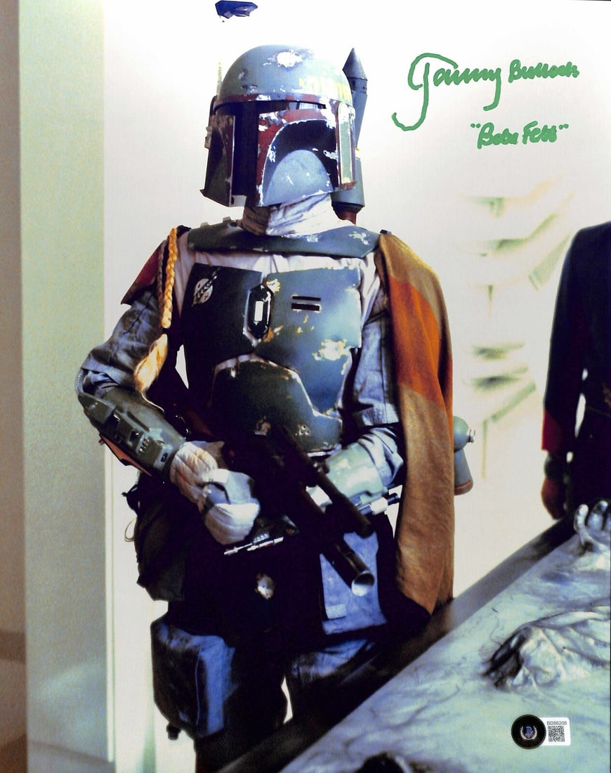 Signed 11x14 Boba Fett Han Solo Carbonite Photo Jeremy Bulloch Beckett: Signed 11x14 Boba Fett Han Solo Carbonite Photo Jeremy Bulloch Beckett Original 11x14 photograph featuring Jeremy Bulloch as Boba Fett with Han Solo in Carbonite, signed by Jeremy Bulloch in green per