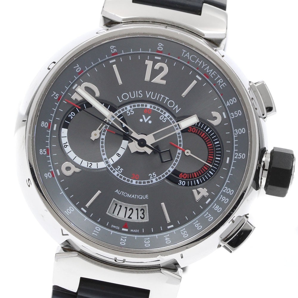 Louis Vuitton Tambour Voyage Q102N mens automatic chronograph watch: Louis Vuitton Tambour Voyage Q102N mens automatic chronograph watch Louis Vuitton Tambour Chronograph Voyage men's wristwatch with automatic movement and a gray dial. This watch features date and chro