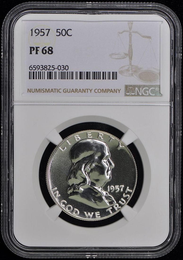 1957 Franklin Half Dollar NGC PR68 Proof Coin: 1957 Franklin Half Dollar NGC PR68 Proof Coin This 1957 Franklin Half Dollar is a stunning example of American coinage, graded PR68 by NGC. This uncirculated coin features a proof strike and was minte