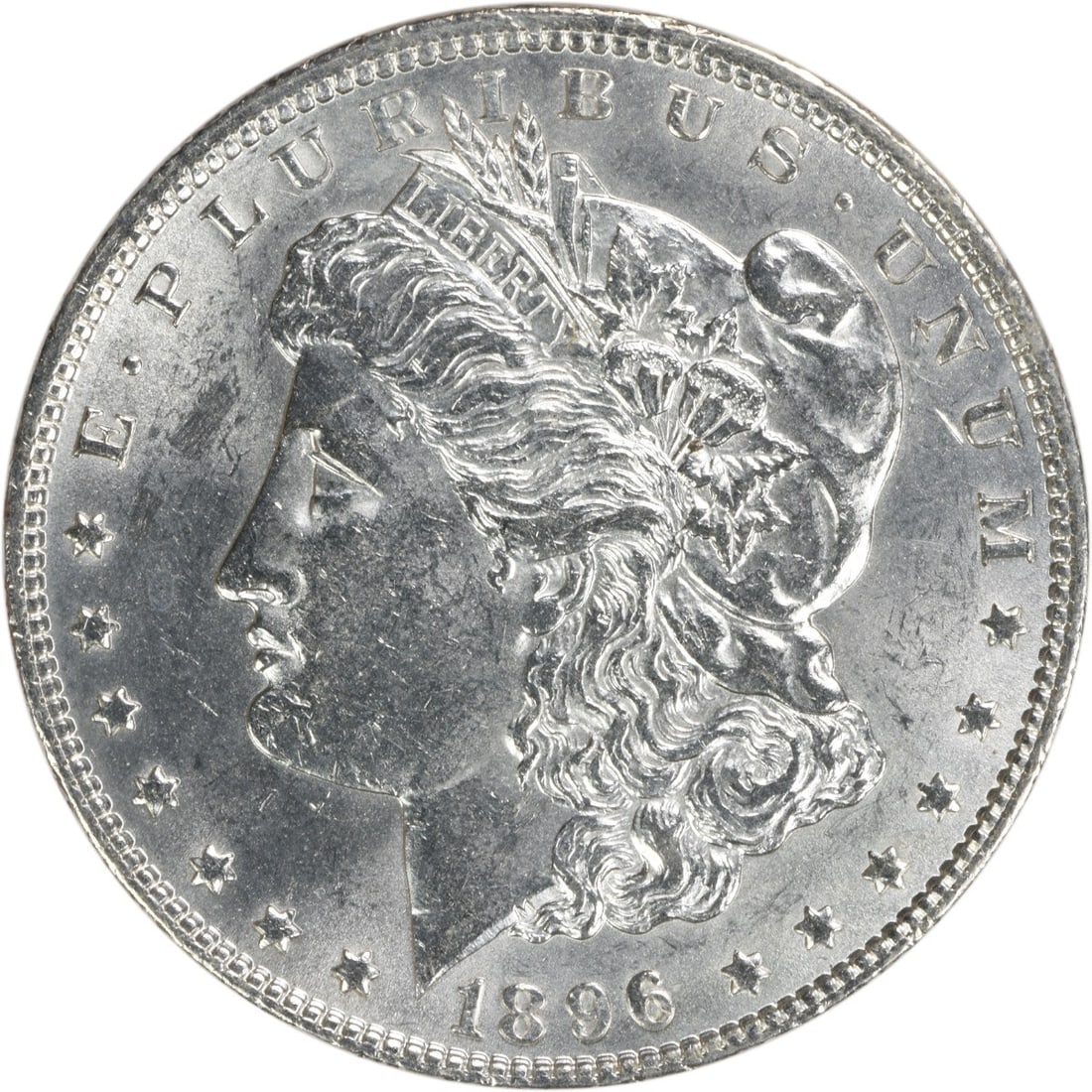 1896 Silver Dollar Morgan Uncirculated Brilliant Uncertified Coin: 1896 Silver Dollar Morgan Uncirculated Brilliant Uncertified Coin This 1896 Morgan Silver Dollar is in brilliant uncirculated condition. The coin is uncertified and features no mint mark. Composed of 