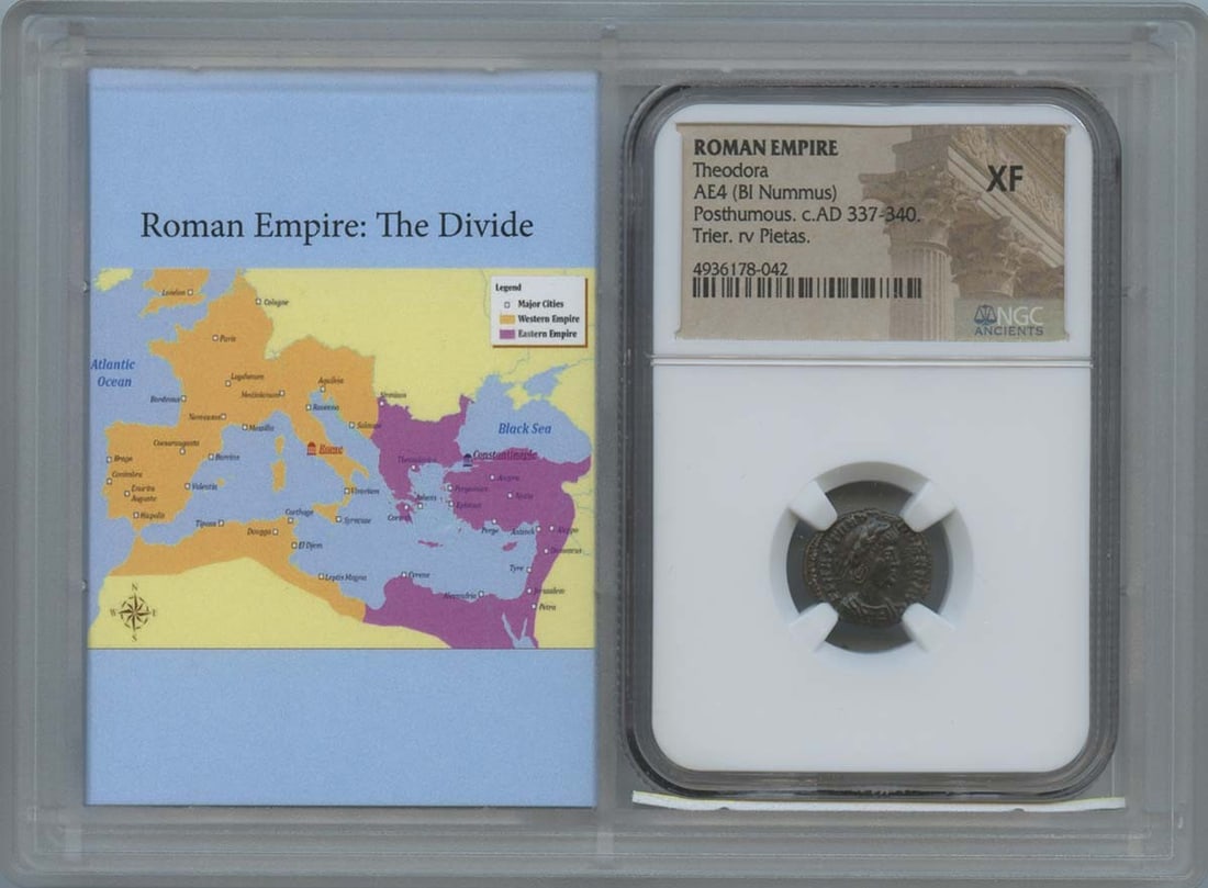 NGC XF40 Theodora Roman Empire AE4 BI Nummus Coin: NGC XF40 Theodora Roman Empire AE4 BI Nummus Coin Graded ancient Roman Empire AE4 (BI nummus) featuring Theodora. This pre-owned coin is certified by NGC and graded XF40. Presented in a Story Vault ho