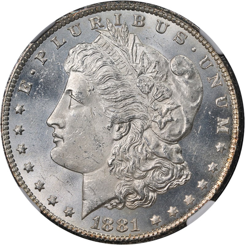 NGC MS63 1881 CC Morgan Silver Dollar: NGC MS63 1881 CC Morgan Silver Dollar 1881-CC Morgan Silver Dollar certified by NGC as MS63. This uncirculated silver coin is described as having great eye appeal, nice luster, a nice strike, and a mo