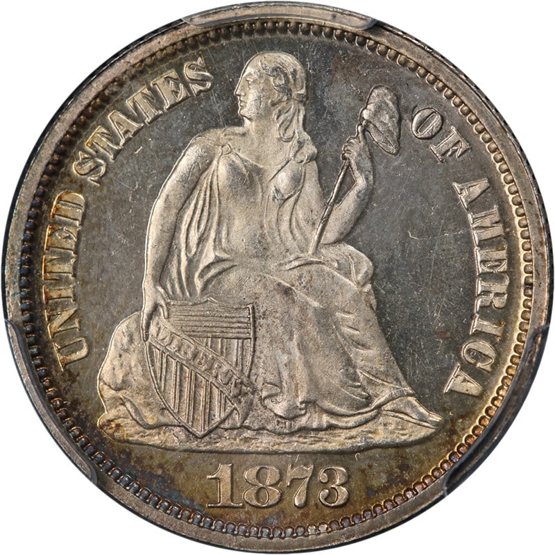 1873 Seated Liberty Dime PCGS PR66 Cameo Silver No Arrows: 1873 Seated Liberty Dime PCGS PR66 Cameo Silver No Arrows This exquisite 1873 Seated Liberty Dime is a Proof No Arrows, Closed 3, certified by PCGS with a grade of PR66 Cameo. It showcases remarkable 