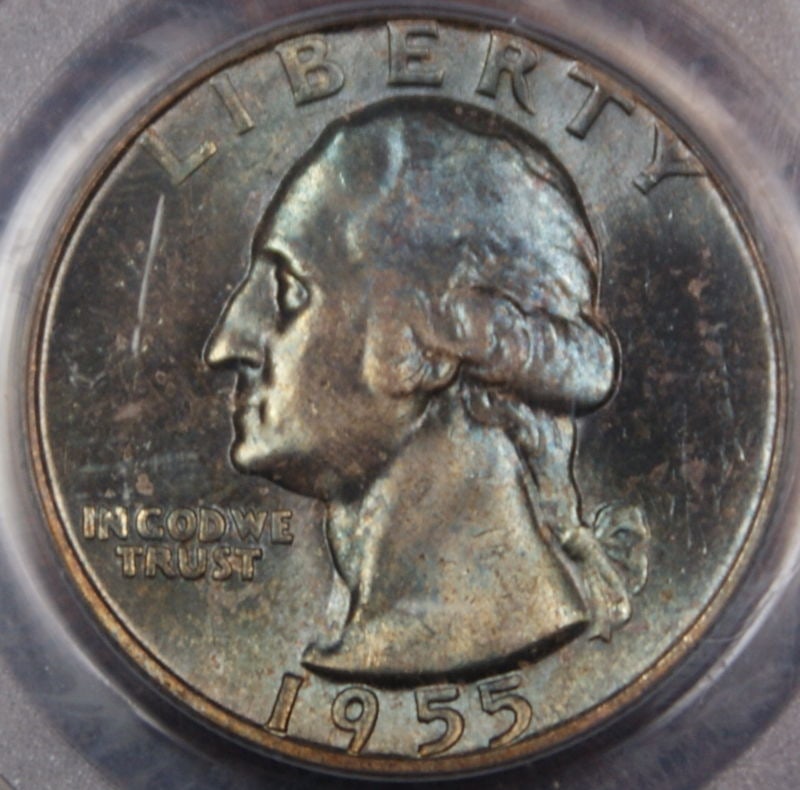 PCGS MS-65 1955 Washington Quarter 25C Silver Toned: PCGS MS-65 1955 Washington Quarter 25C Silver Toned 1955 Washington quarter certified by PCGS and graded MS-65. This uncirculated silver coin is noted as toned and was minted in Philadelphia. Pre-owne