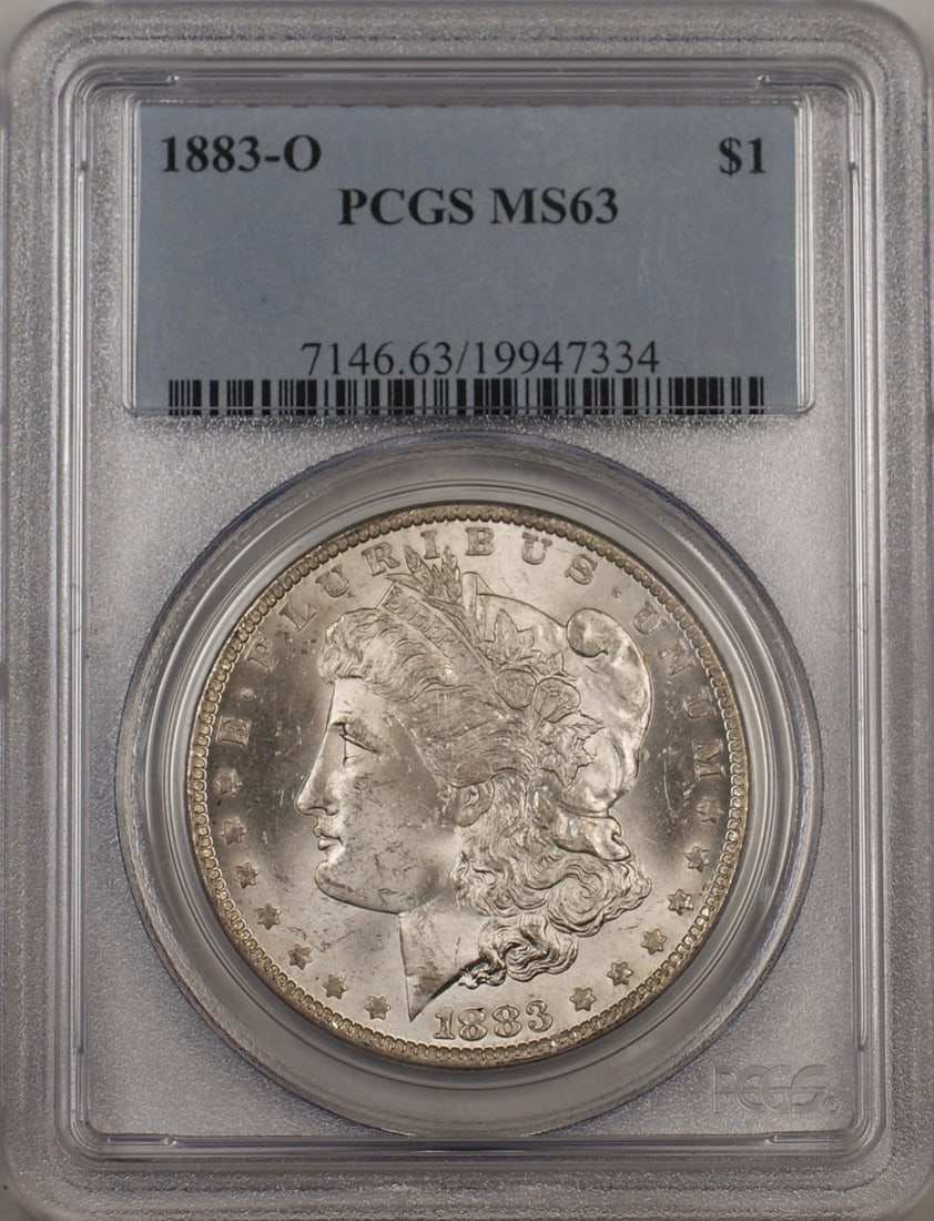 PCGS MS 63 1883 O Morgan $1 Silver Dollar: PCGS MS 63 1883 O Morgan $1 Silver Dollar 1883-O Morgan Silver Dollar $1 certified by PCGS and graded MS 63. This United States coin is an uncirculated Morgan dollar struck in silver with 0.9 fineness