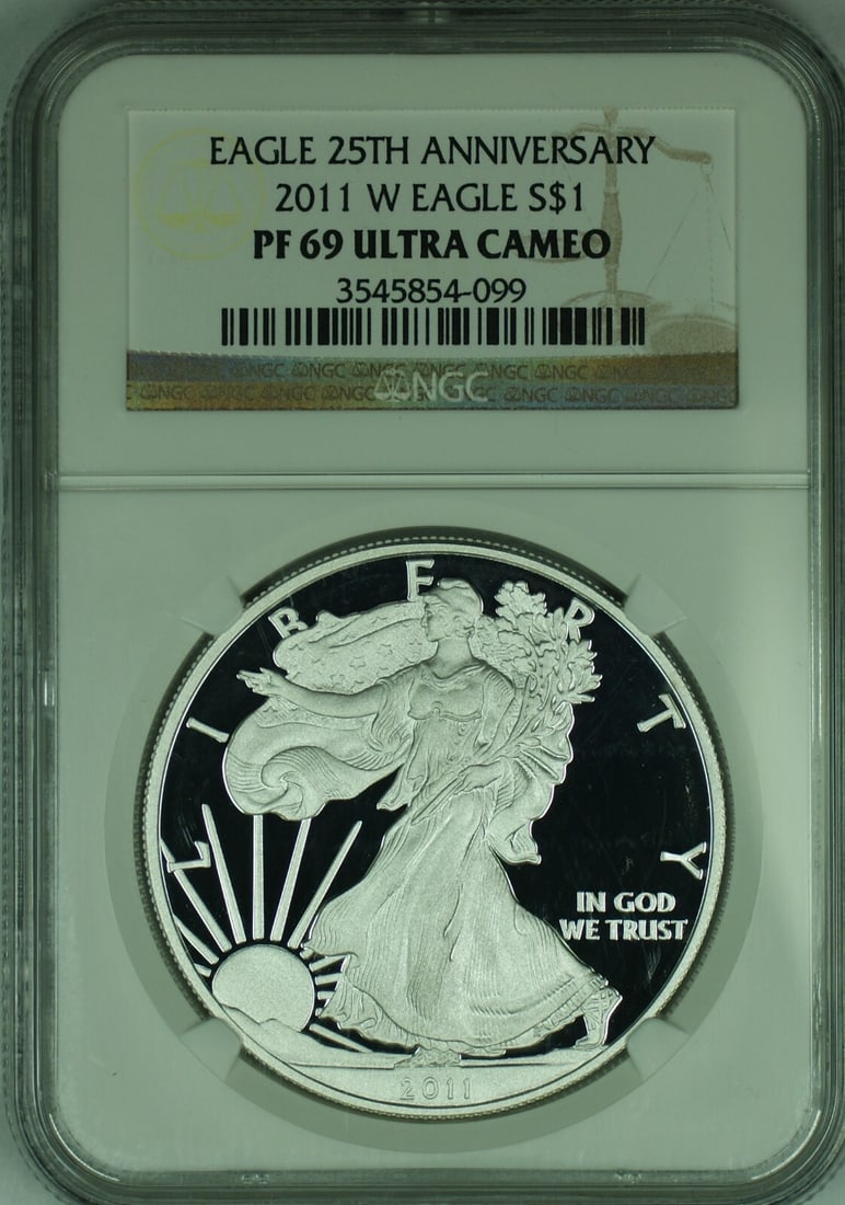 2011-W Proof $1 Silver Eagle NGC PF 69 25th Anniversary Ultra Cameo Coin: 2011-W Proof $1 Silver Eagle NGC PF 69 25th Anniversary Ultra Cameo Coin This is a 2011-W American Silver Eagle $1 proof coin commemorating the 25th anniversary of the series. Certified by NGC with a 