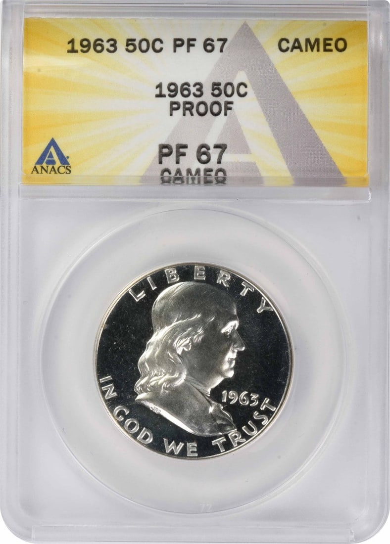 ANACS PR67CAM 1963 Franklin 50C Proof Silver Half Dollar: ANACS PR67CAM 1963 Franklin 50C Proof Silver Half Dollar 1963 Franklin Silver Half Dollar proof coin certified by ANACS. It is an uncirculated United States 50C coin with a reeded edge, struck in Phil