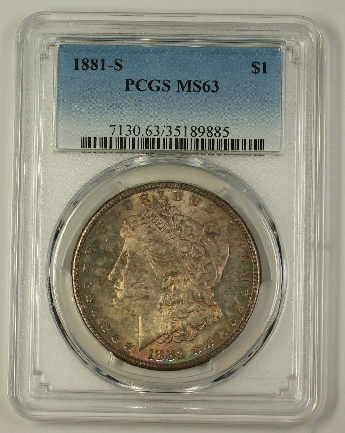 PCGS MS-63 1881-S Morgan Dollar Uncirculated Toned Silver Coin: PCGS MS-63 1881-S Morgan Dollar Uncirculated Toned Silver Coin This is an 1881-S Morgan Silver Dollar coin graded MS-63 by PCGS. The coin is uncirculated and features attractive toning. Minted in San 