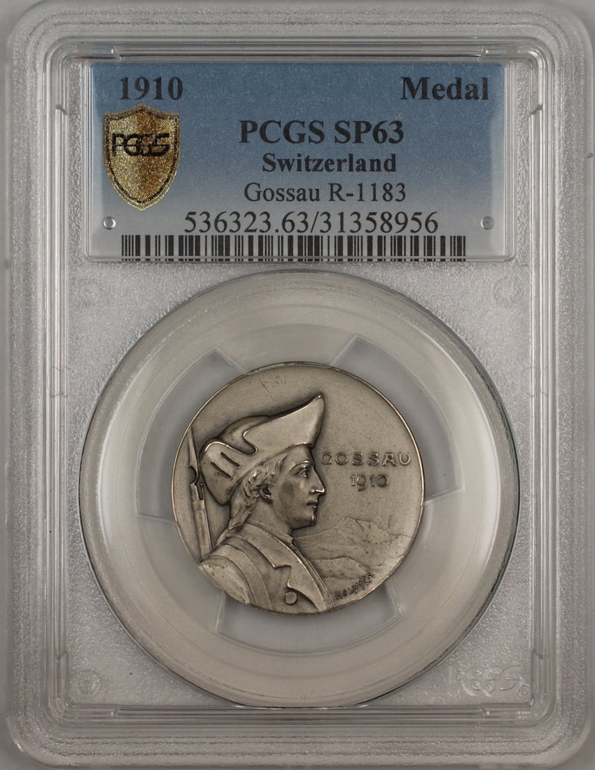 Swiss silver shooting medal 1910 Gossau R-1183 PCGS SP-63: Swiss silver shooting medal 1910 Gossau R-1183 PCGS SP-63 1910 Swiss Shooting medal from Gossau in silver, cataloged as R-1183 and graded PCGS SP-63. This uncirculated medal is a pre-owned piece from 