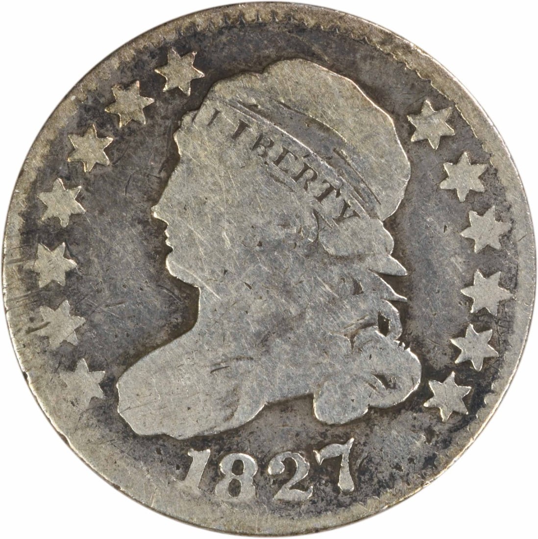 1827 Capped Bust Dime VG Grade Philadelphia Uncertified Silver Coin: 1827 Capped Bust Dime VG Grade Philadelphia Uncertified Silver Coin This 1827 Capped Bust silver dime from the Philadelphia Mint is a pre-owned, circulated coin graded VG. Designed by John Reich, it f