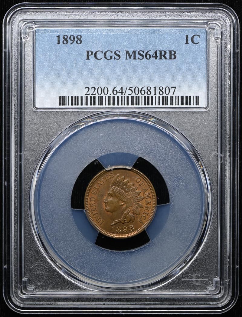 PCGS MS64RB 1898 Indian Cent Type 3 Bronze 1C: PCGS MS64RB 1898 Indian Cent Type 3 Bronze 1C 1898 Indian Cent certified by PCGS and graded MS64RB. This pre-owned coin is an uncirculated Type 3 bronze cent struck in Philadelphia and issued in the U