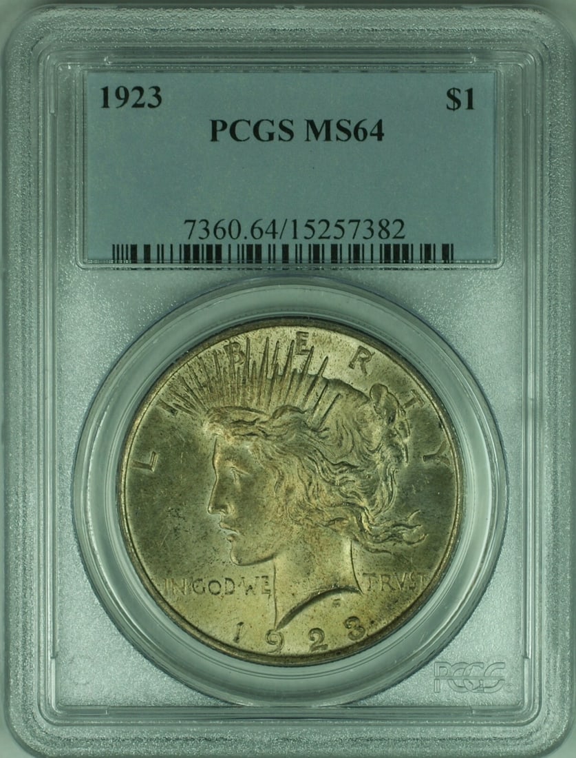 PCGS MS64 1923 Peace Dollar Silver Coin with Attractive Toning: PCGS MS64 1923 Peace Dollar Silver Coin with Attractive Toning This 1923 Peace Silver Dollar $1 coin was minted in Philadelphia and is composed of silver. Certified by PCGS with a grade of MS 64, this