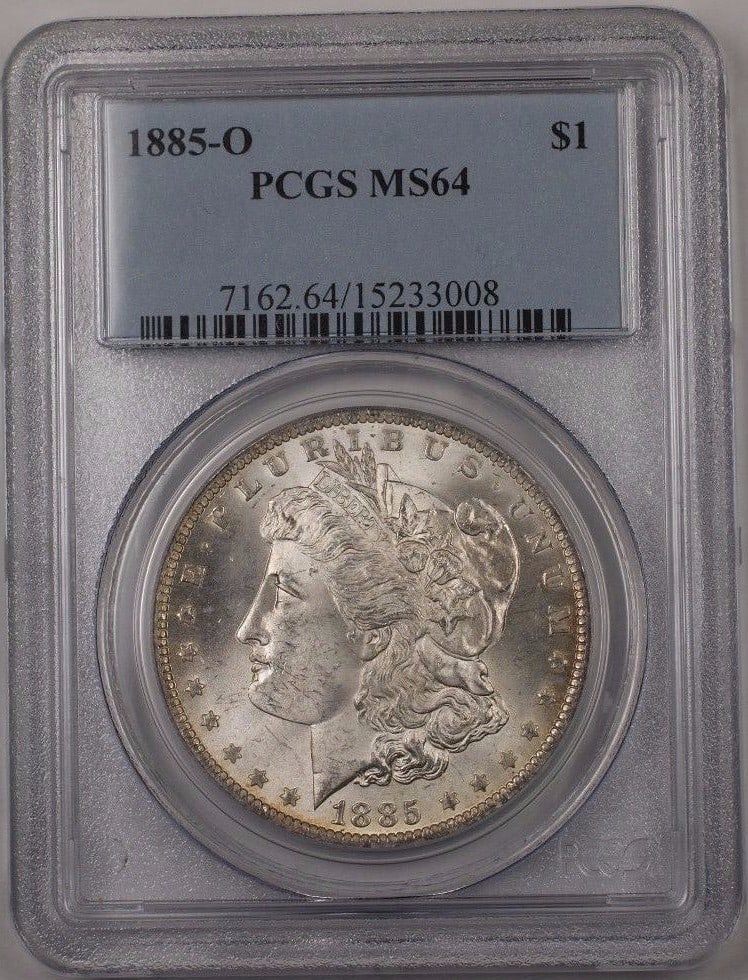 PCGS MS-64 1885-O Morgan Silver Dollar $1 Rim Toned: PCGS MS-64 1885-O Morgan Silver Dollar $1 Rim Toned This is an 1885-O Morgan Silver Dollar $1 coin, minted in New Orleans and certified by PCGS with a grade of MS-64. The coin is composed of silver wi