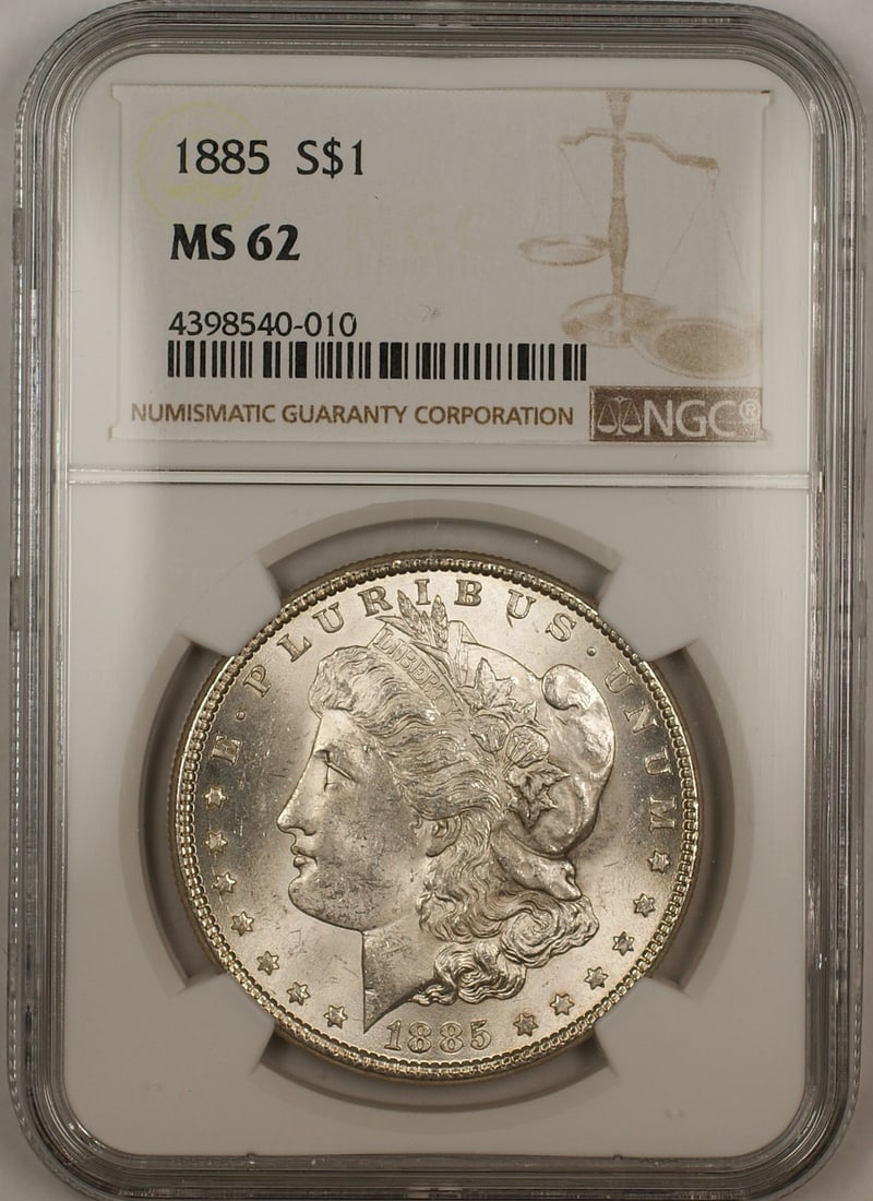 NGC MS 62 1885 Morgan Silver Dollar $1: NGC MS 62 1885 Morgan Silver Dollar $1 1885 Morgan Silver Dollar $1 coin certified by NGC and graded MS 62. This United States coin is an uncirculated pre-owned example with silver composition. Specif