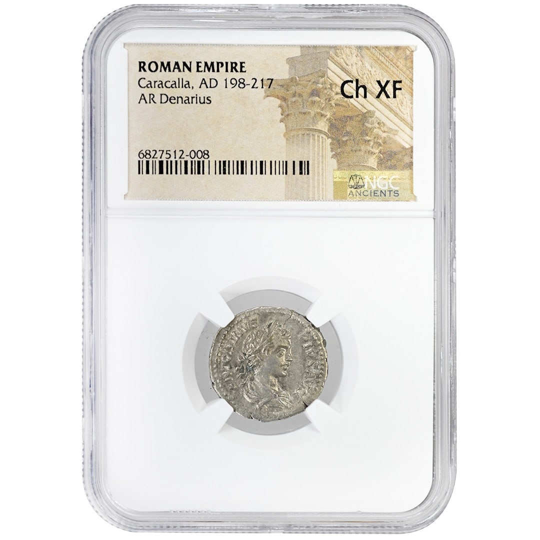 NGC Ch XF Caracalla AR Denarius Silver Roman Empire: NGC Ch XF Caracalla AR Denarius Silver Roman Empire This Roman Empire AR Denarius features Caracalla, who ruled from AD 198 to 217. The coin is composed of silver and has been graded Choice Extremely 