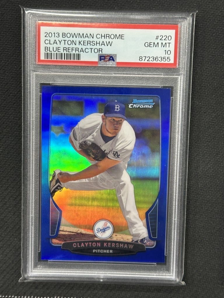 Clayton Kershaw 2013 Bowman Chrome Blue Refractor PSA 10 #220 Dodgers: Clayton Kershaw 2013 Bowman Chrome Blue Refractor PSA 10 #220 Dodgers This is a 2013 Bowman Chrome Blue Refractor baseball card featuring Clayton Kershaw, a star pitcher for the Los Angeles Dodgers. G