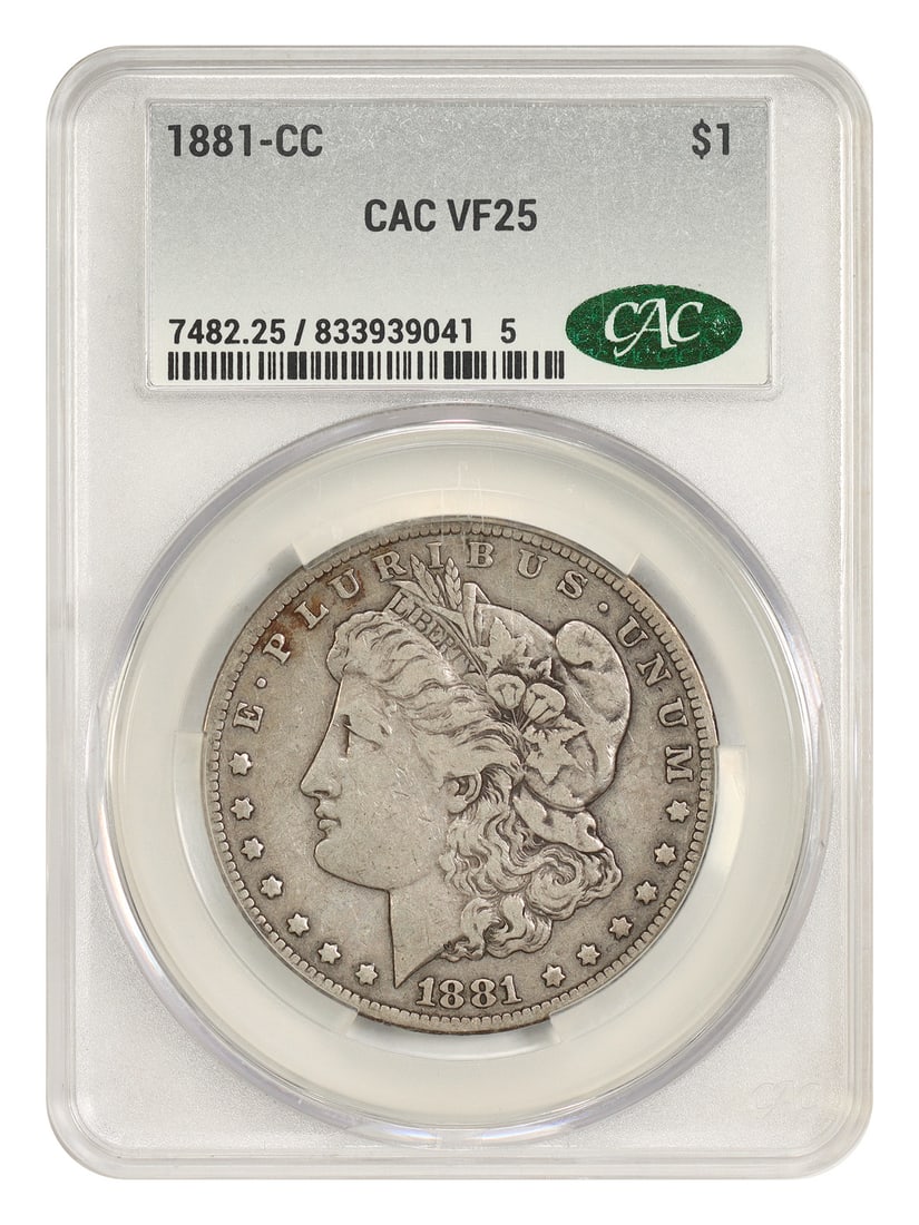 CACG VF25 1881 CC Morgan Silver Dollar Carson City $1 Coin: CACG VF25 1881 CC Morgan Silver Dollar Carson City $1 Coin 1881-CC Morgan Dollar certified by CACG in VF25 condition. This circulated Carson City issue is a popular better-date CC-mint dollar. Only 29