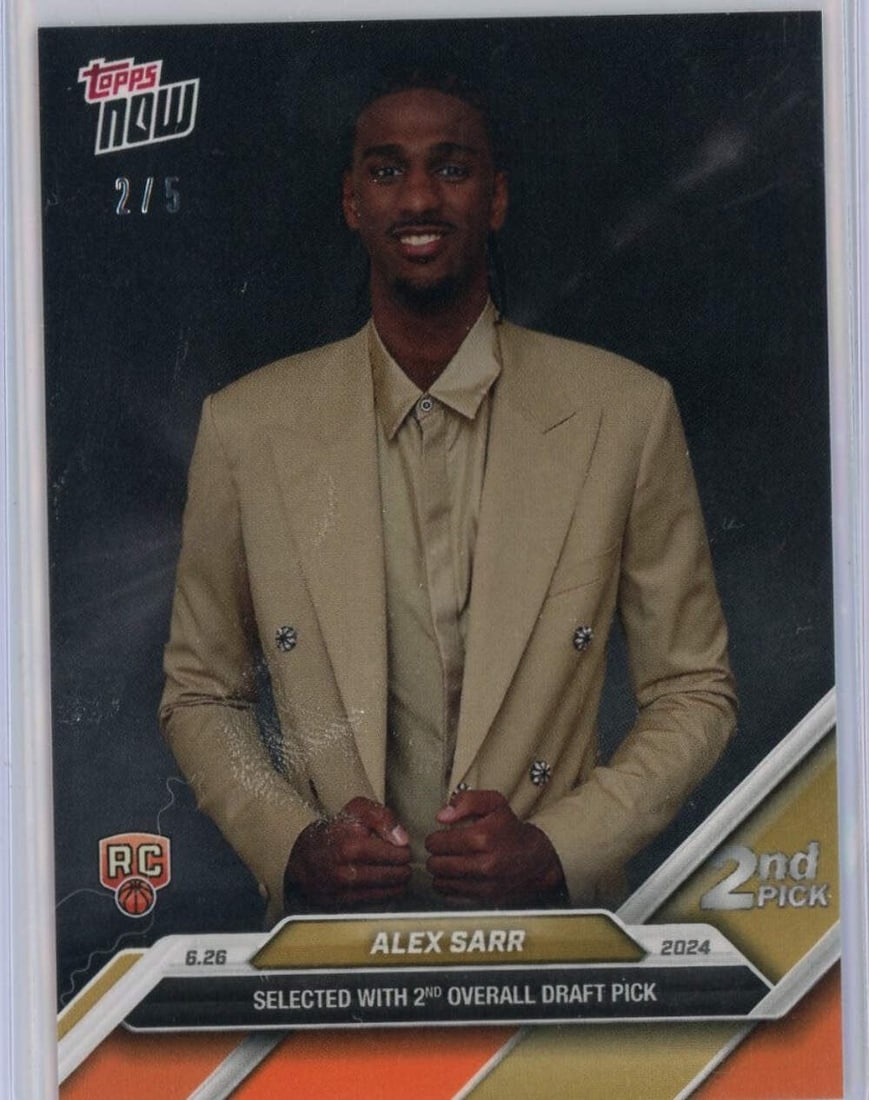 2024 Topps Now Alex Sarr #D2 Orange Rookie Card #/5 NBA Authenticated: 2024 Topps Now Alex Sarr #D2 Orange Rookie Card #/5 NBA Authenticated This is a 2024 Topps Now Alex Sarr #D2 Orange #/5 Rookie RC Basketball Card, featuring the talented player from the Washington Wiz