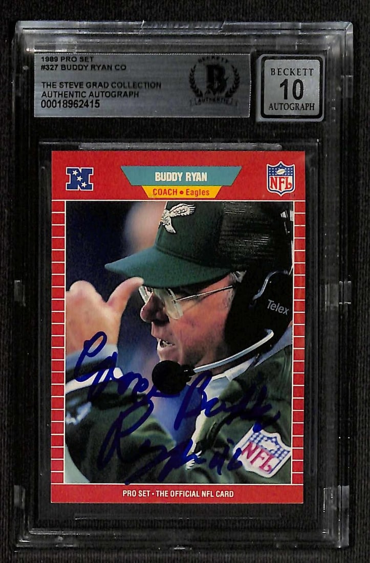 1989 Pro Set Buddy Ryan Eagles coach card Beckett Auto 10: 1989 Pro Set Buddy Ryan Eagles coach card Beckett Auto 10 This is an original 1989 Pro Set #327 Philadelphia Eagles coach trading card, hand-signed by legendary NFL coach Buddy Ryan. The card is encap