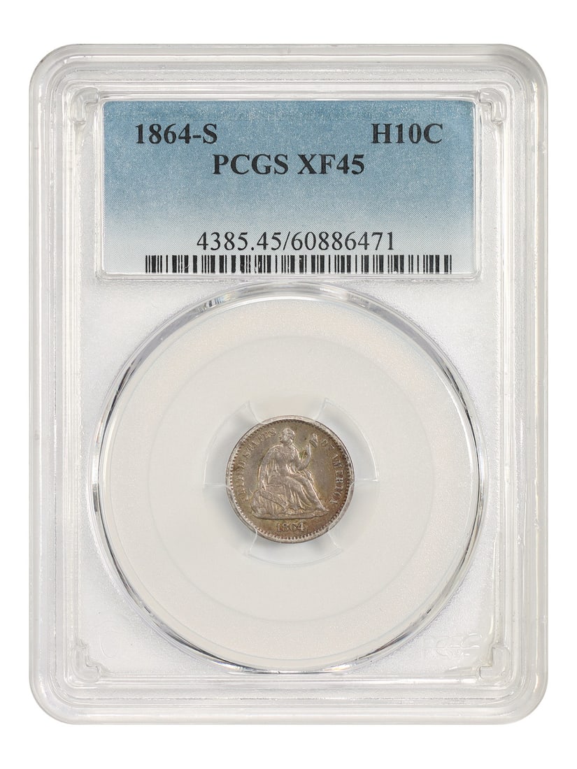 1864-S Liberty Seated Half Dime PCGS XF45 H10C: 1864-S Liberty Seated Half Dime PCGS XF45 H10C 1864-S Liberty Seated Half Dime certified by PCGS in XF45 circulated condition. The original mintage was 90,000 coins. Specifications Denomination: H10C 