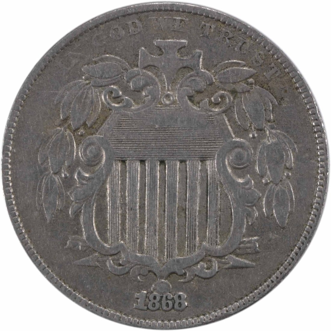 1868 United States Shield 5C Nickel EF Uncertified: 1868 United States Shield 5C Nickel EF Uncertified 1868 Shield nickel coin from the United States. This circulated, uncertified example is graded EF and features the Shield design by James Barton Long