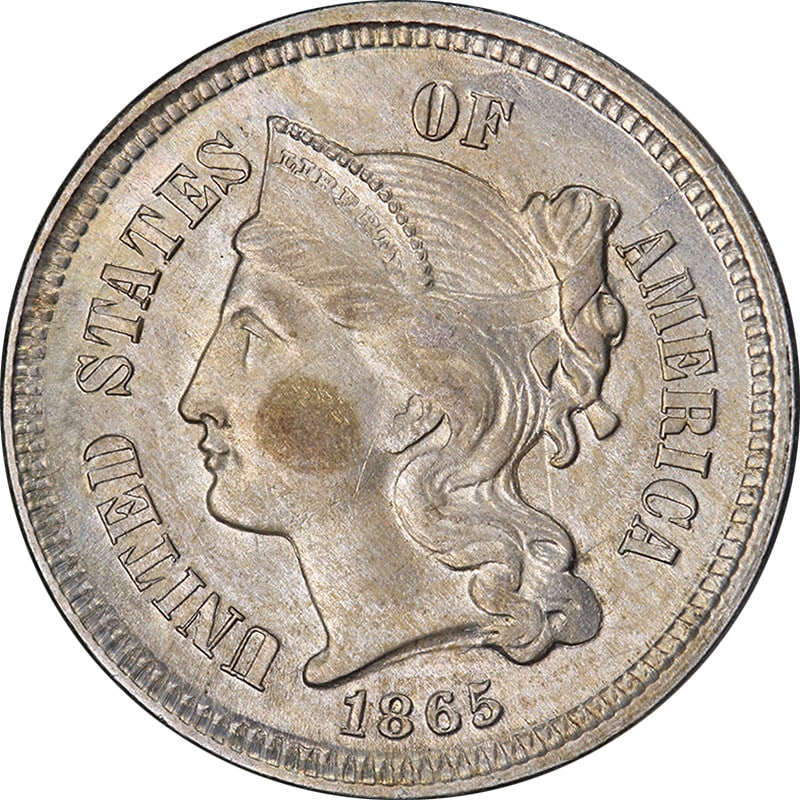 1865 Uncirculated Nickel Three Cent Coin BU+: 1865 Uncirculated Nickel Three Cent Coin BU+ An original 1865 Three Cent Nickel from the United States, offered in uncirculated BU+ grade. This pre-owned coin is described as having nice eye appeal, n